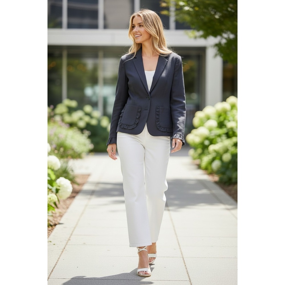 Rebecca Taylor Navy Wool Blend Ruffle Trim Tailored Blazer Jacket Sz 4 S $450